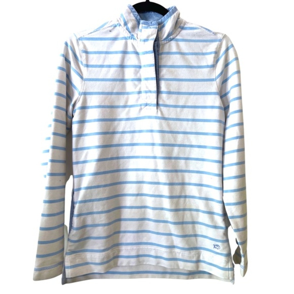 Southern Tide Blue and White Striped quarter zip button neck‎ sweatshirt